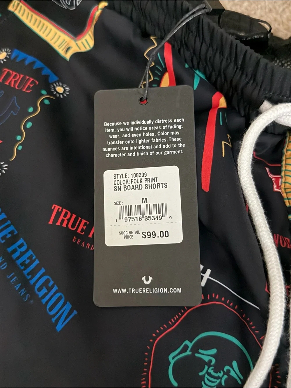 True Religion Resort Board Swim Shorts with Multicolor Graphic Patches (NEW)